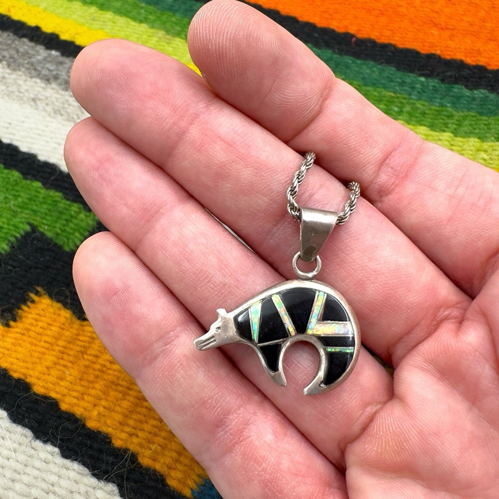 VTG Navajo Bear Pendant Necklace Black Onyx Opal Inlay 925 Sterling Silver